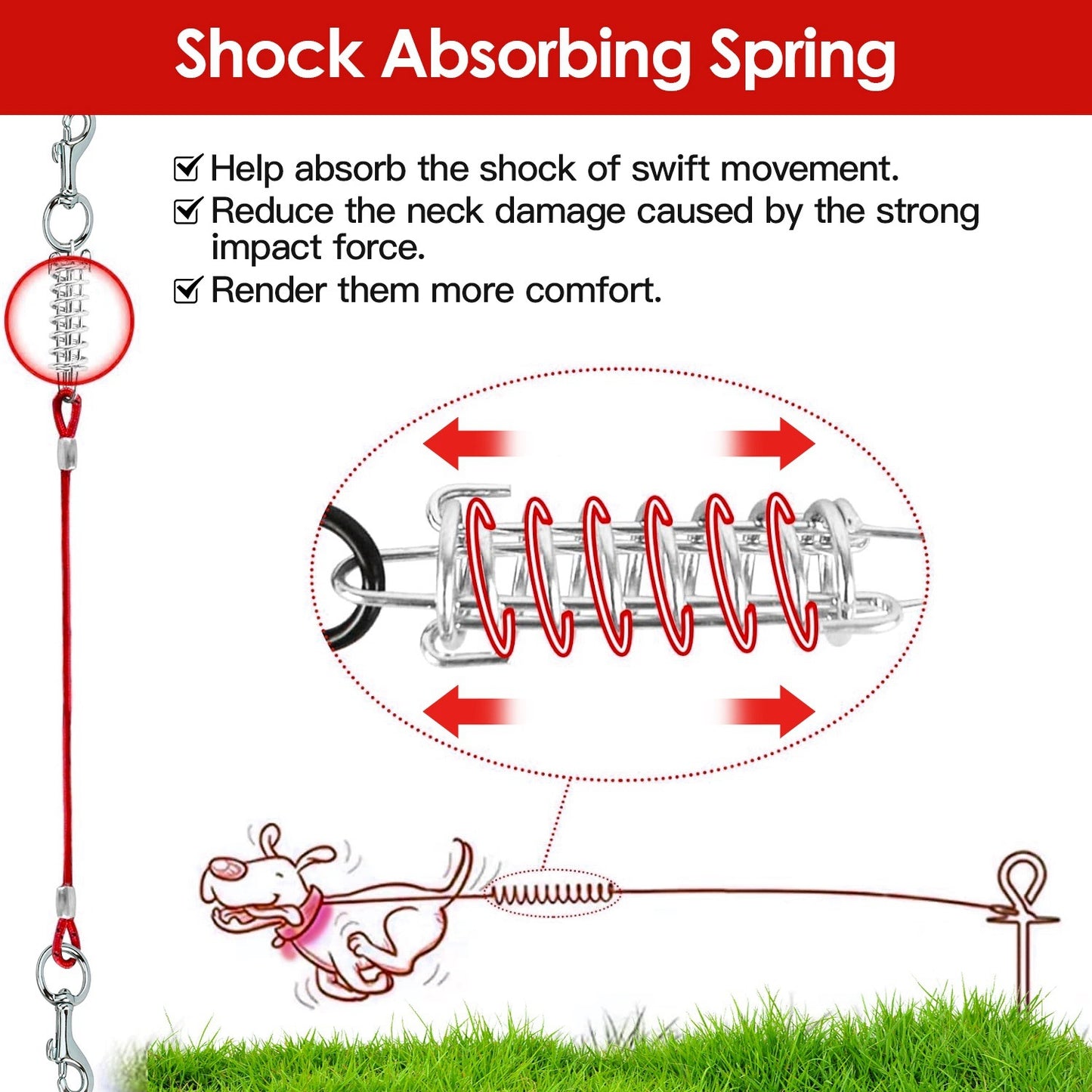 Dog Tie Out Cable Long Dog Leash Chew Proof Lead Dog Chain with Durable Spring 360° Rotatable Clips PVC Case for Outside Yard Caming