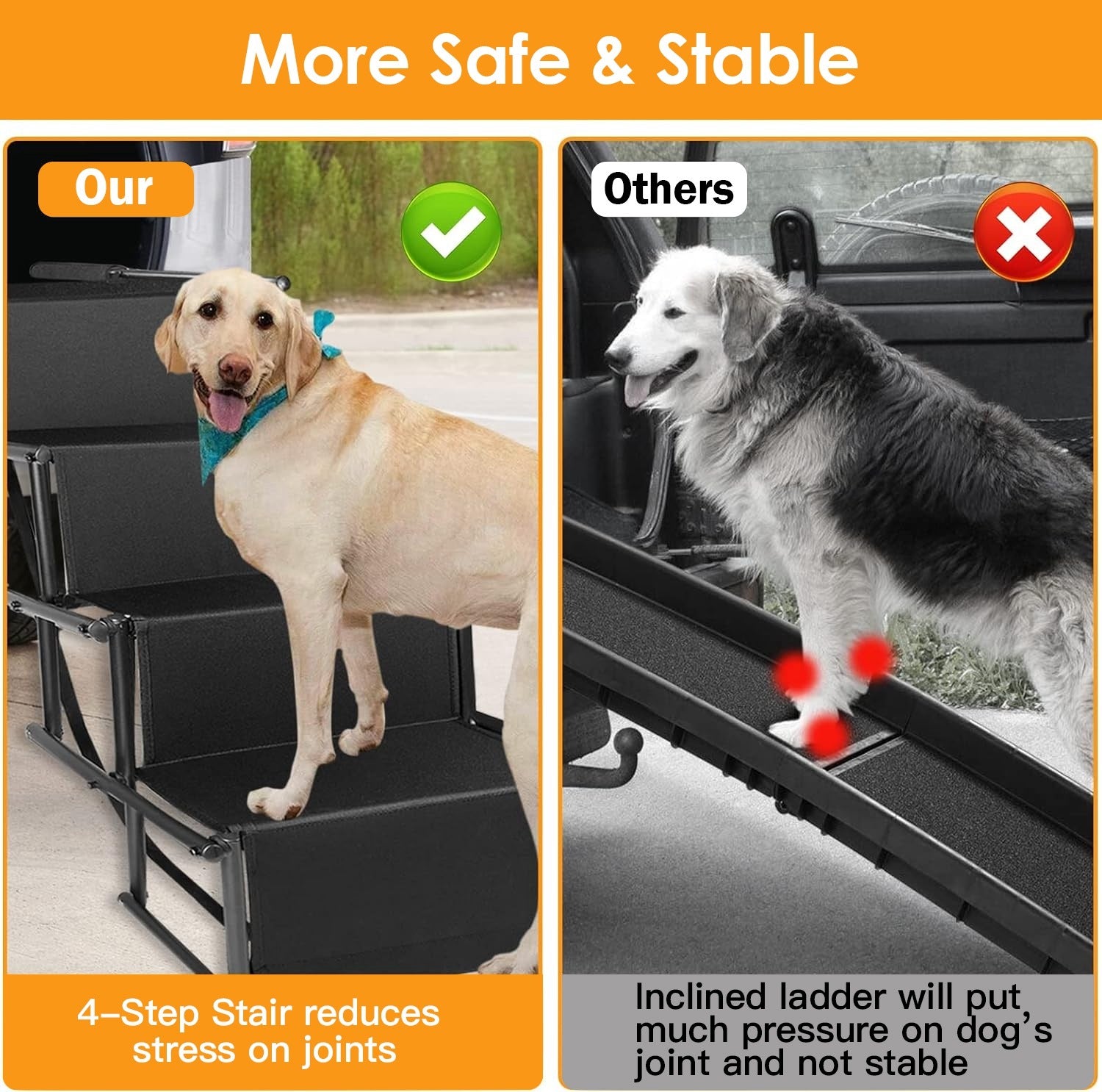 Foldable Dog Ramp 4 Step Collaspible Non Slip Stairs for Car Trucks SUV 176LBS Load Oxford Fabric Steel Ladders with Straps Tether Clip
