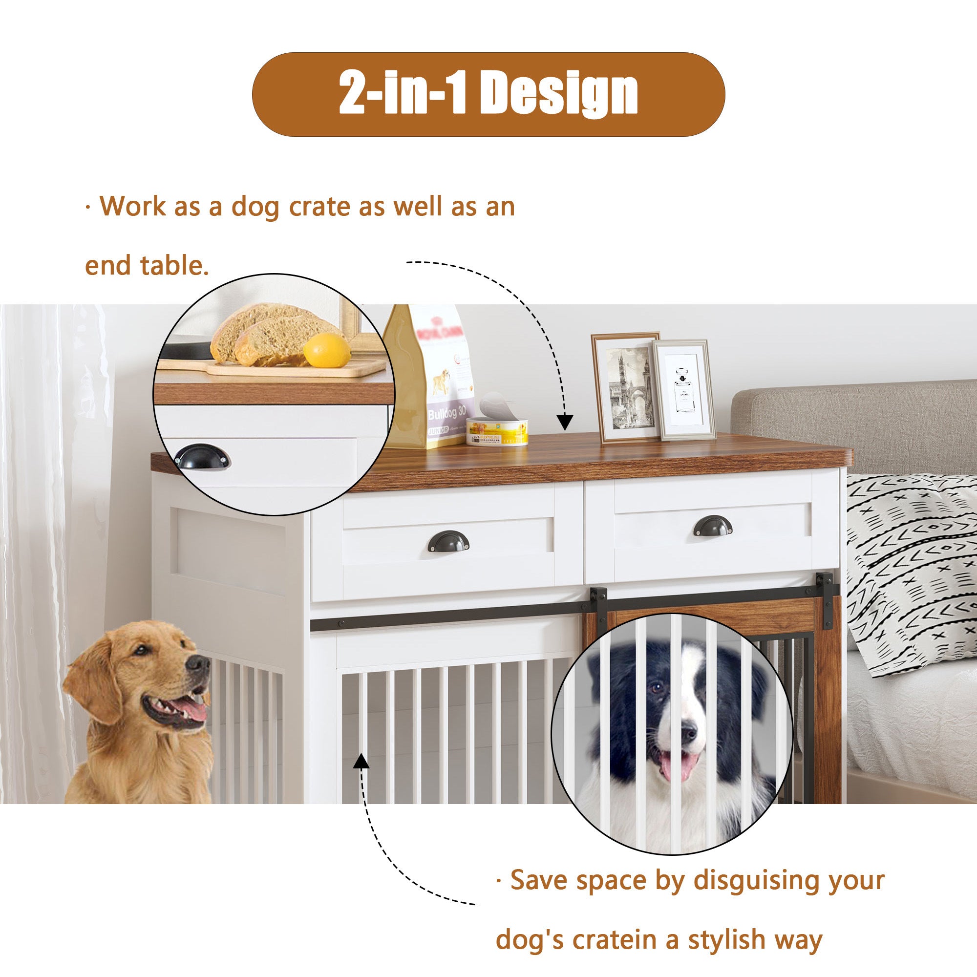 Heavy Duty, Furniture style dog cage, wooden dog cage, double door dog cage, side cabinet dog cage, Dog crate,(51.38''W x 25.98''D x 7.87''H).